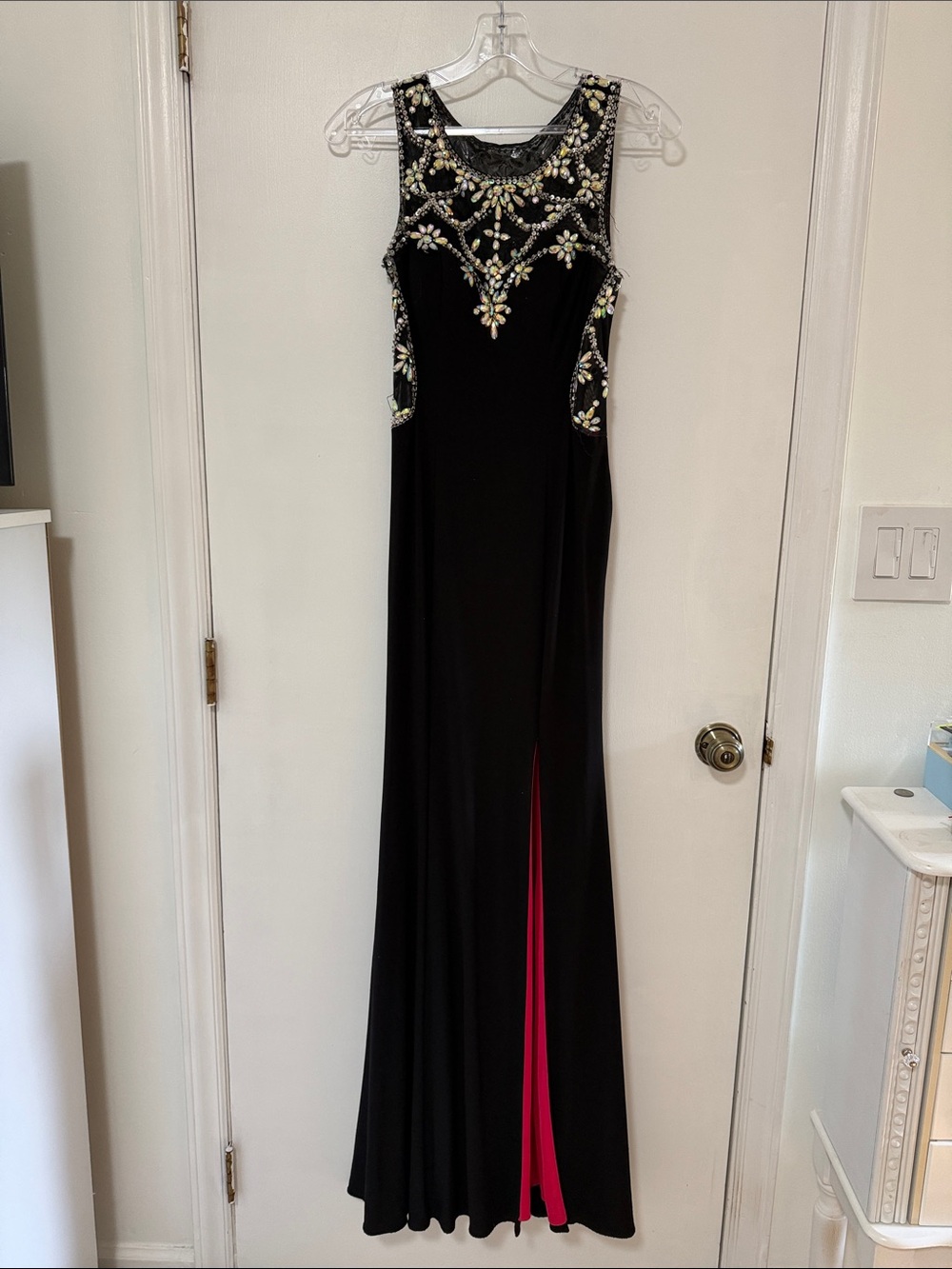 Black Jeweled Evening Gown with Pink Lining